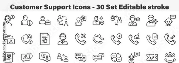 Fototapeta Customer Support Icons 30 Set. Line Art Icon Collection. Editable Stroke Vector Illustration