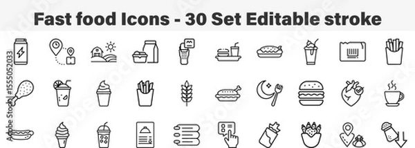 Fototapeta Fast Food Icons 30 Set. Line Art Icon Collection. Editable Stroke Vector Illustration