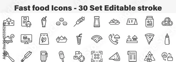 Fototapeta Fast Food Icons 30 Set. Line Art Icon Collection. Editable Stroke Vector Illustration