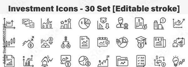 Fototapeta Investment Icons 30 Set. Line Art Icon Collection. Editable Stroke Vector Illustration