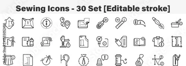 Fototapeta Sewing Icons 30 Set. Line Art Icon Collection. Editable Stroke Vector Illustration