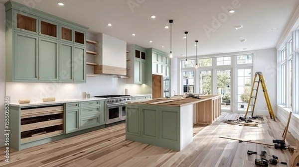 Obraz Spacious kitchen remodel features mint green cabinetry, wooden floors, and construction tools, highlighting a bright, modern design under progress.