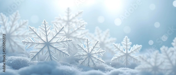 Obraz A hyperrealistic macro digital painting of snowflakes in sharp detail, each six-pointed and unique, against a seamless cool blue and white backdrop with a soft, serene atmosphere.