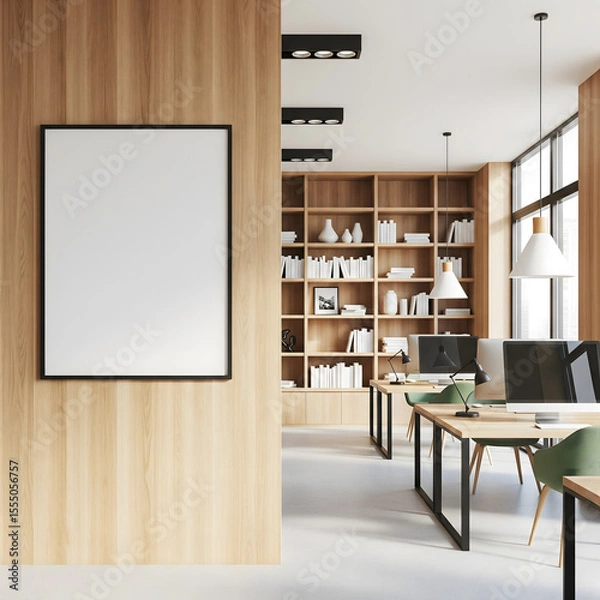 Fototapeta A minimalist office interior boasts clean lines, wood accents, and modern workspaces, with a prominent blank frame for display