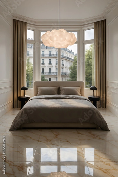 Fototapeta A serene bedroom features a large bed under a unique cloud-shaped light, positioned within a bay window offering a city view