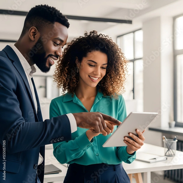 Fototapeta A male and female young adult business professional smiling and collaborating, pointing at a tablet, sharing ideas in a modern office