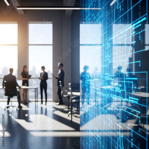 Fototapeta A bright, modern office features blurred figures of business professionals in discussion, with a foreground of vibrant blue digital circuit lines, merging human interaction and technology