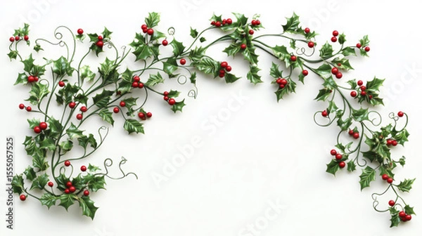 Fototapeta Decorative holly branches with red berries frame the top and sides on white