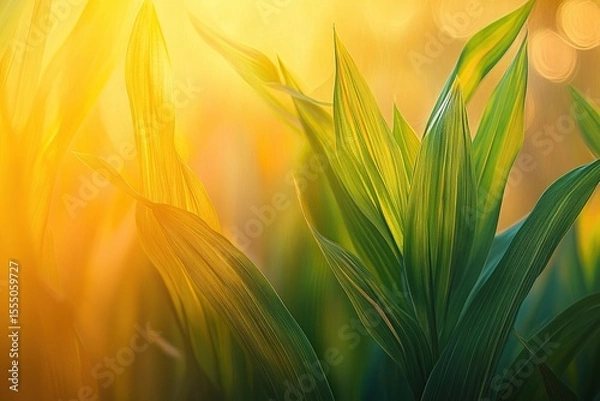 Fototapeta The sun sets behind the green leaves of corn, a close-up, macro photograph, with a vast farmland