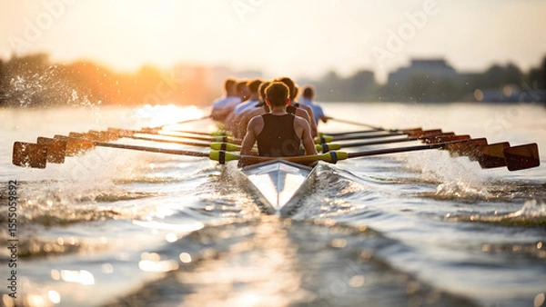 Fototapeta Rowing team races on the river at sunrise, a strong display of teamwork and water sports competition at dawn.