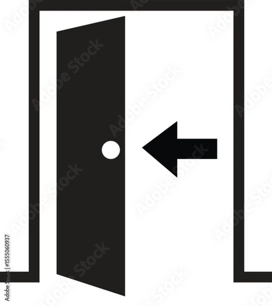 Obraz A simple line drawing of an open door with a handle and panels in a white room with a white floor, Vector Illustration