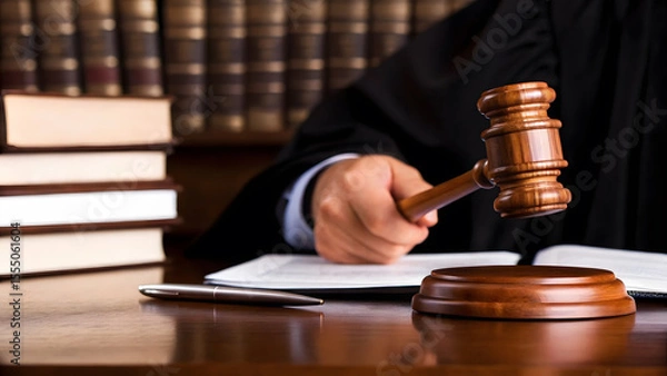 Fototapeta Judge holding a gavel in a courtroom, surrounded by law books and legal documents, signifying justice and the legal system.