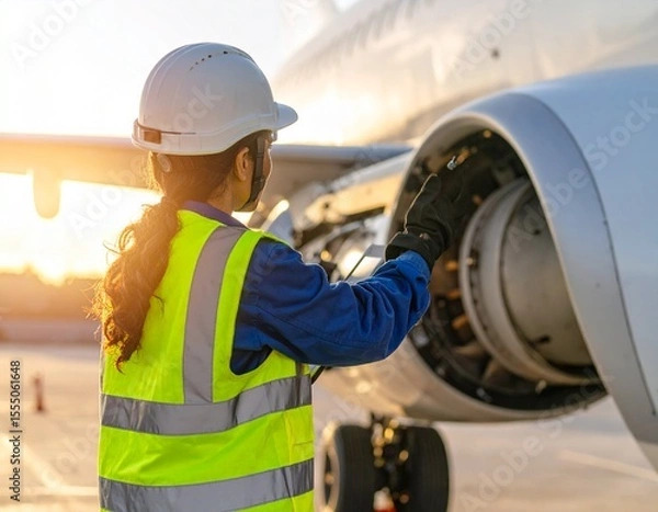 Fototapeta GeClose-Up Aircraft Mechanic Inspecting A320neo Engine at Golden Hournerated image