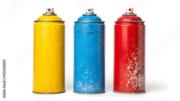 Fototapeta Three colorful spray paint cans, yellow, blue, and red, isolated on a white background ready for artistic projects.