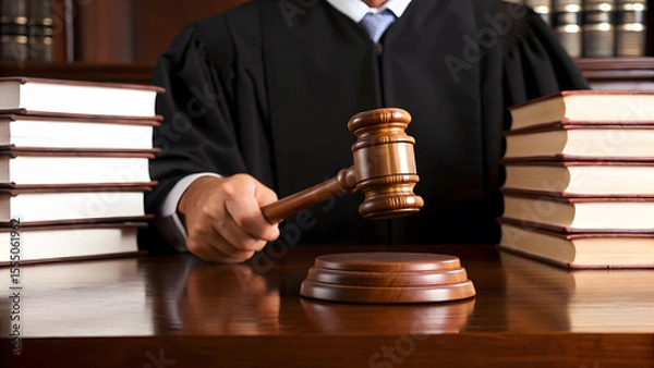 Fototapeta Justice is served with a gavel being held in hand by a judge in a courtroom, with law books on the table