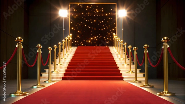 Fototapeta Experience the glamour of a red carpet event with velvet rope, golden stanchions, and bright stage lighting leading to stardom.
