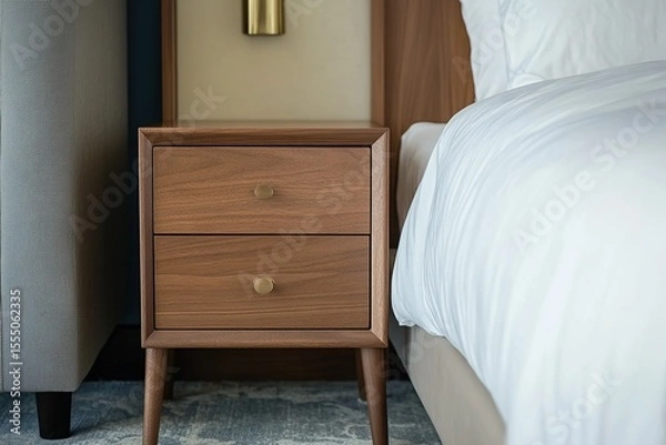 Fototapeta The small walnut bedside table with one drawer and two doors is in the corner of an unmade bed