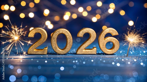 Fototapeta Glimmering golden 2026 sparkles brightly against a deep blue backdrop, signaling a joyous celebration for the upcoming new year.