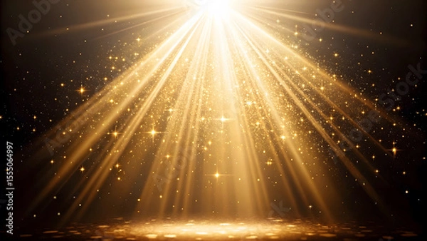 Fototapeta Golden ethereal light beams with sparkling particles illuminate a space, radiating from above in a beautiful display.