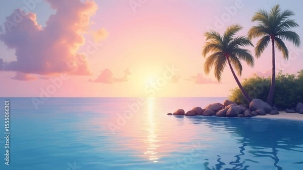 Obraz Sunrise Over Serene Tropical Island in Dreamy Oil Painting Style