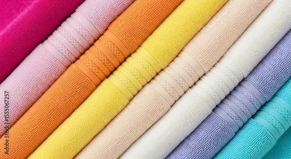 Fototapeta Colorful towels neatly arranged for hotel spa or home decor use