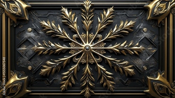 Fototapeta Intricate golden floral pattern on a dark textured background, artful design