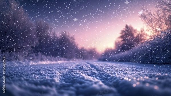 Obraz Magical winter scene with falling snow and a path through snowy trees
