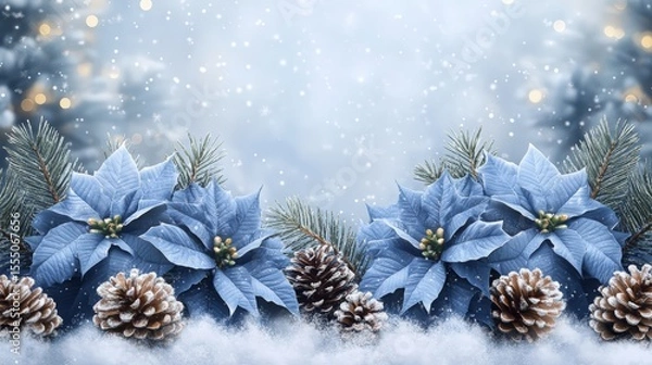 Obraz Magical Winter Scene with Blue Poinsettias, Pine Cones, and Falling Snow