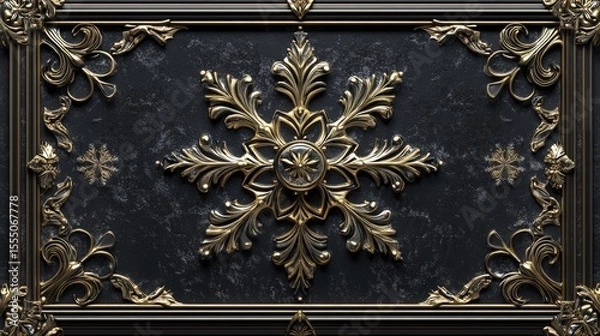 Obraz Ornate Gold Floral Design on Textured Black Background with Decorative Frame