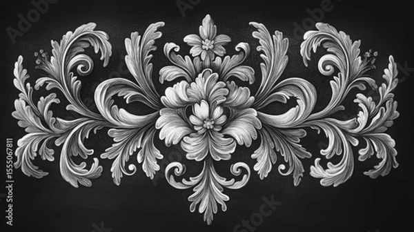 Obraz Ornate monochrome floral arabesque with swirling acanthus foliage creates a striking ornamental motif on black