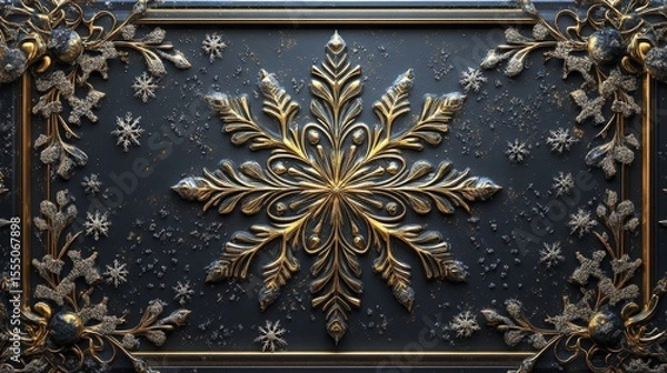Fototapeta Ornate Golden Snowflake on a Dark, Textured Background with Festive Details