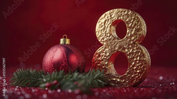 Obraz Red Christmas ornament and golden number eight share a festive seasonal stage against a ruby backdrop