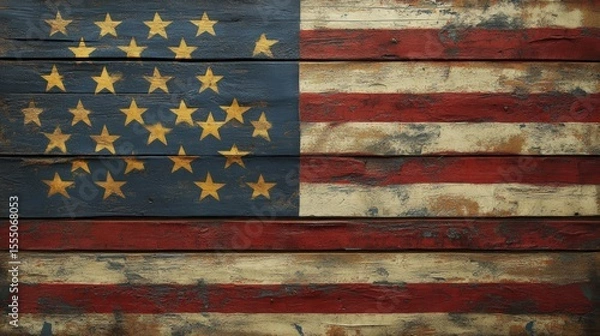 Fototapeta Rustic Wooden American Flag Art with Distressed and Weathered Appearance