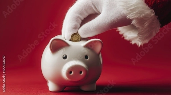 Obraz Santa's hand putting a coin in a piggy bank on red background