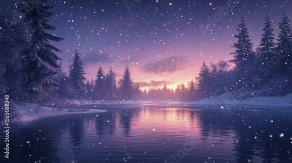 Obraz Serene Winter Landscape with Snow Falling on Forest and Reflective Lake at Sunset
