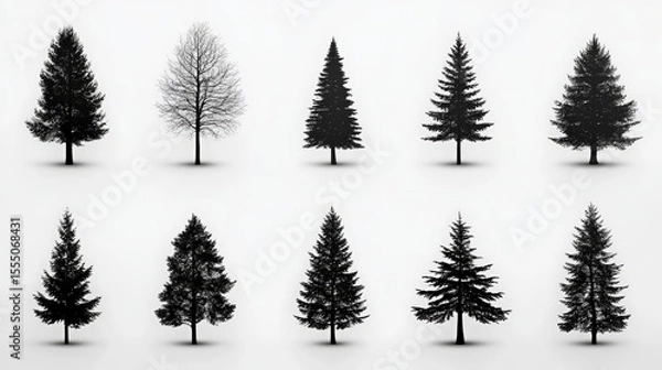 Fototapeta Silhouetted Assortment of Tree Species in a Minimalist White Background Setting