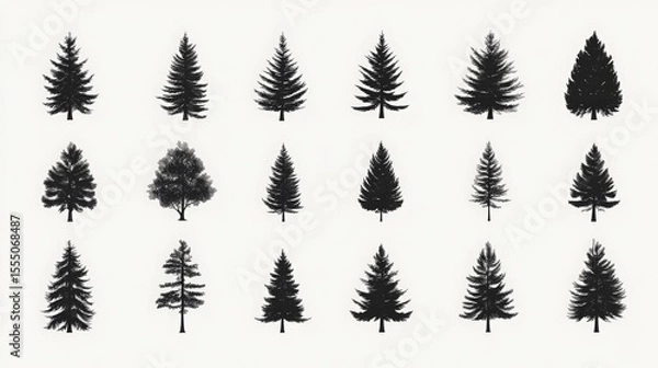 Fototapeta Silhouetted Variety of Evergreen and Deciduous Trees Against a White Background