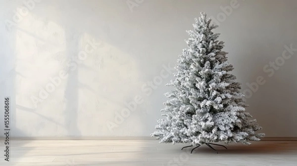 Obraz Snow flocked Christmas tree in a brightly lit empty room against the wall