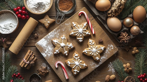 Obraz Snowflake Christmas cookies decorated with white icing sit on a wooden board amid festive ingredients