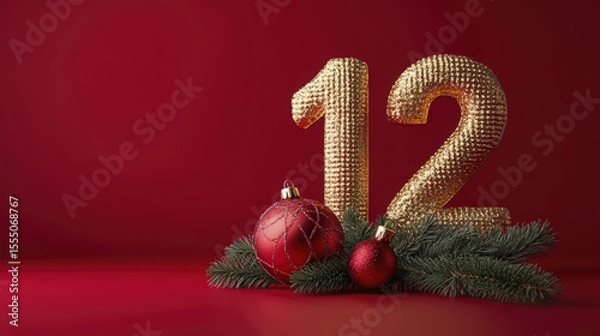 Fototapeta Sparkling gold twelve stands near ornaments and pine branches against rich crimson backdrop nicely