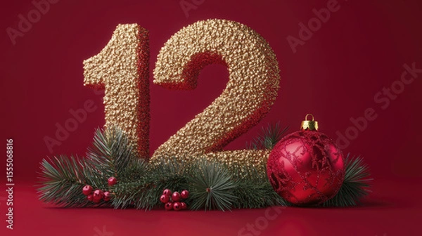 Fototapeta Sparkling golden twelve alongside a red Christmas ball on dark red background creates festive feelings