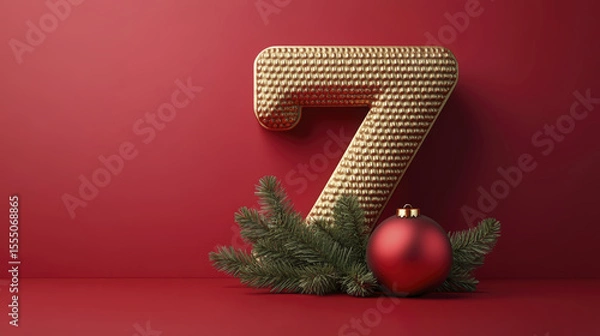Fototapeta Textured gold seven rests on a dark red surface with fir sprigs and a red bauble