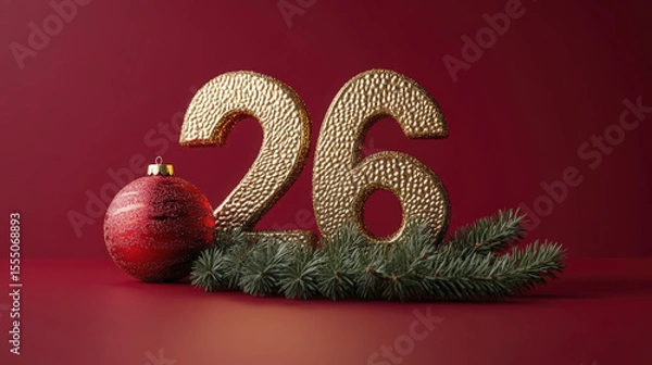 Fototapeta The golden 26 numbers are displayed with an ornament and fir branches on red surface