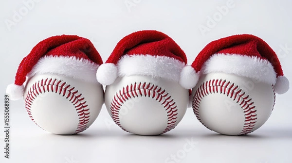 Obraz Three baseballs each are festively adorned with red and white Santa hats against a clean backdrop