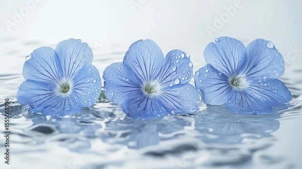 Obraz Three delicate blue flax flowers with water droplets floating on water