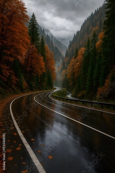 Fototapeta A winding wet road cuts through a misty valley adorned with autumn trees in vibrant orange and deep green, evoking a sense of tranquil, wild nature