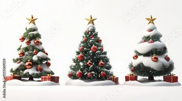 Obraz Three snowcovered Christmas trees with gold star toppers and red ornaments grace the bright background