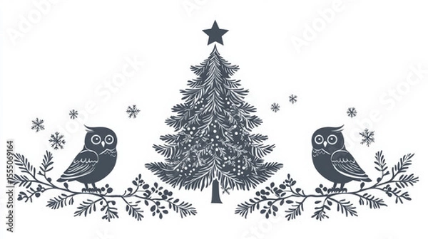Fototapeta Two owls perch on branches flanking decorated Christmas tree with falling snowflake details