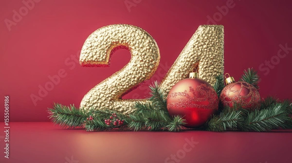 Fototapeta Two golden numerals rest among pine boughs with shiny red ornaments on a crimson backdrop
