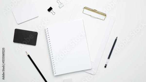 Fototapeta Monochrome stationery items. On a white background, an empty mock up notebook and clipboard, white and black cards